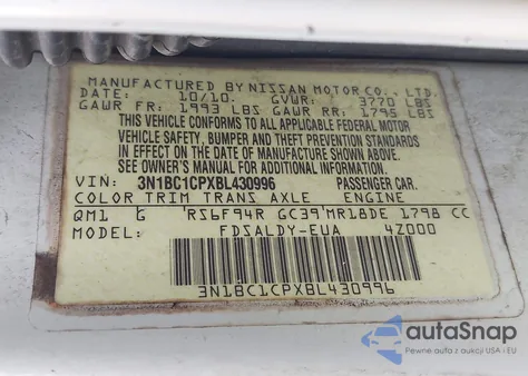 2011 Nissan Versa 1.8S z USA, uszkodzony, nr VIN 3N1BC1CPXBL430996